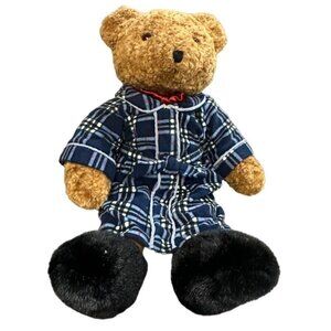 Plaid Pajama Teddy Bear Plush With Black Faux Fur Paws & Red Bow Tie 14 Inches